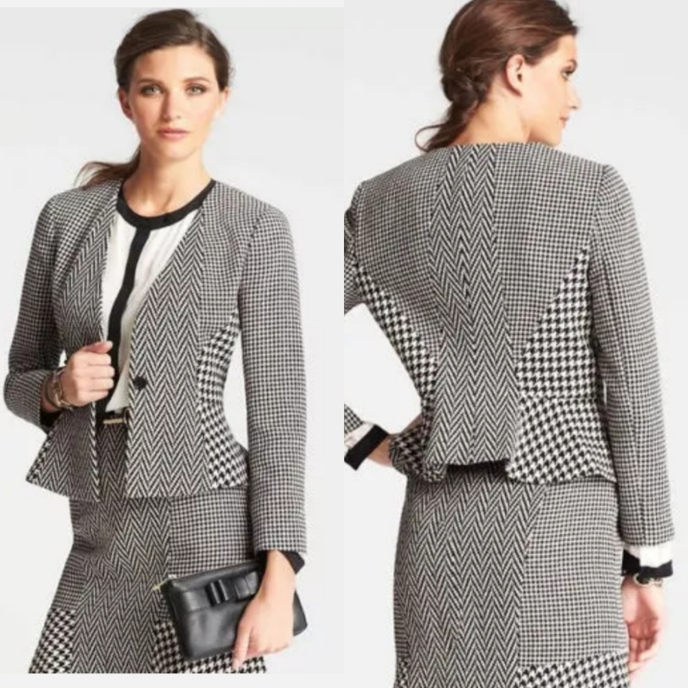NWT Ann Taylor Herringbone Houndstooth Wool Blend Jacket Skirt Set